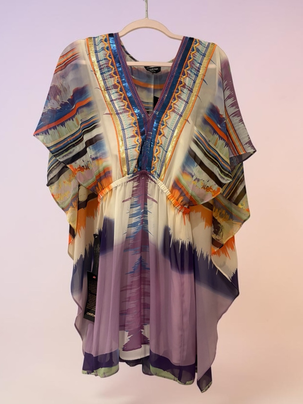 Bebe 100% Silk Embellished Kaftan Mini Dress Boho Small NWT